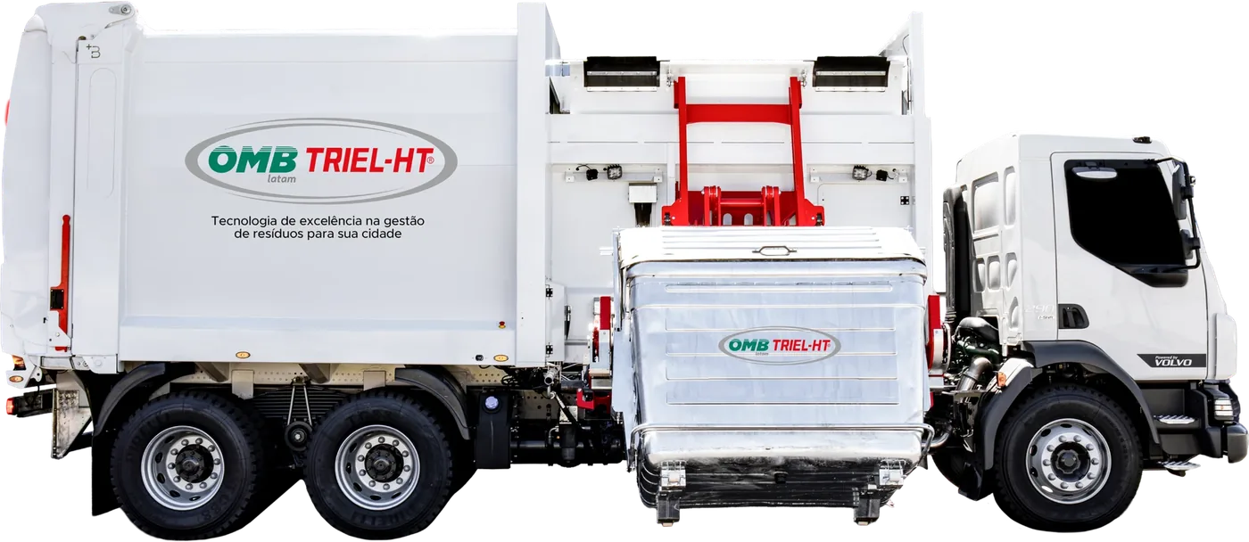 Caminhão coletor OMB Latam Triel-HT com sistema de carga lateral automatizada